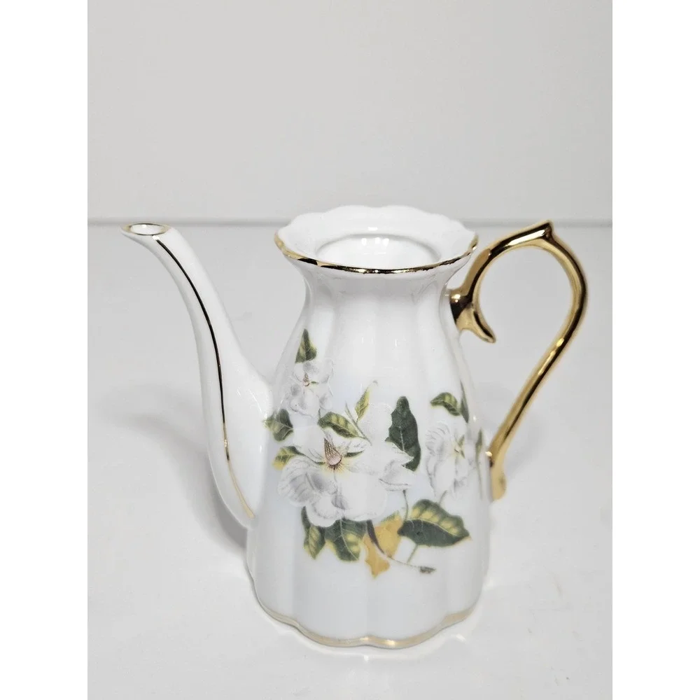 Mini Bone China Tea Set White Floral Gold Gilt Footed Cups Creamer Teapot 7pc